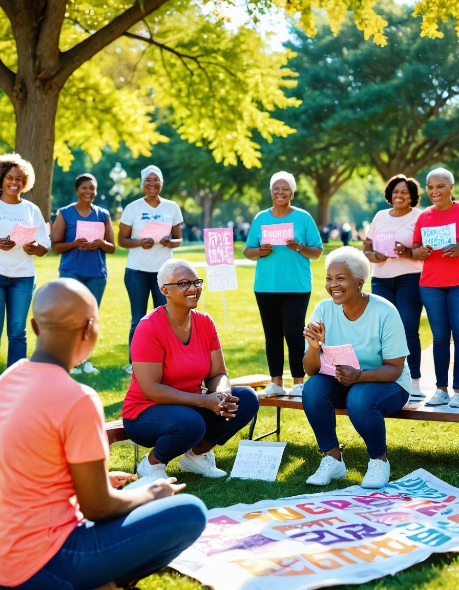 A warm, inviting scene depicting a diverse group of cancer survivors and community supporters sharing stories in a sunny park. Include vibrant banners that symbolize hope and empowerment, with resources like pamphlets and wellness items scattered around. Capture emotions of strength, unity, and resilience through facial expressions and body language. Soft, natural lighting enhances the uplifting atmosphere. colorful illustration. vibrant colors. 3D.