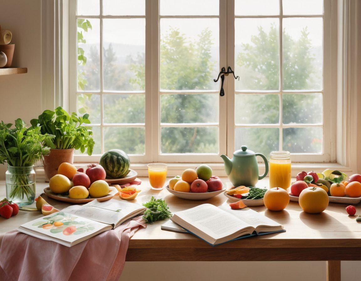 A serene kitchen scene showcasing fresh fruits and vegetables, with a journal and calming herbal tea on the table to represent nutrition and mindfulness. In the background, silhouettes of people engaging in various wellness activities like yoga and meditation for mental health support. Soft natural light filtering through a window, creating a peaceful ambiance. watercolor style. pastel colors. organic feel.