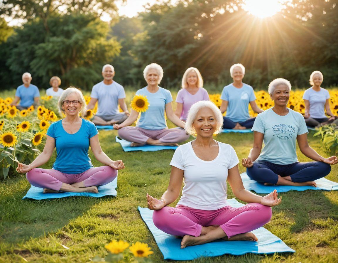 A serene landscape featuring a diverse group of cancer survivors joyfully engaging in various wellness activities, such as yoga, gardening, and mindfulness meditation. Incorporate symbols of hope like sunflowers, butterflies, and a bright sunrise to symbolize resilience and healing. Focus on showcasing the support within community, with warm, inviting colors to evoke a sense of empowerment and positivity. super-realistic. vibrant colors. nature-inspired background.